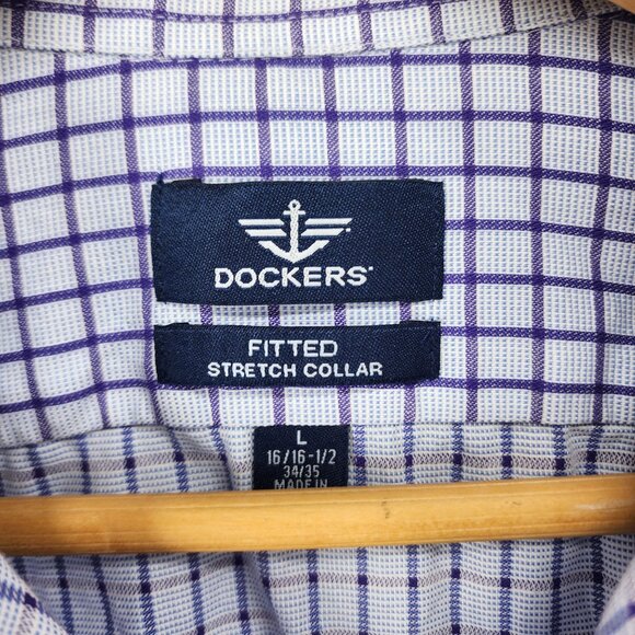 Dockers Mens Fitted Stretch Collar Plaid Shirt L 16/16.5 Purple Check - Picture 6 of 7